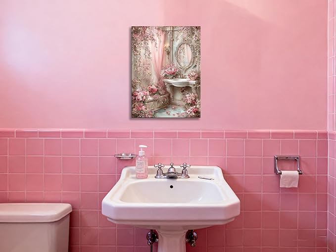 Frimeeme Framed Romantic Vintage Pink Bathroom Canvas Wall Art, Pink Sink Posters Prints Paintin, for Washroom Artwork Home Decoration Ready To Hang, 12 x 16 Inch,Framed