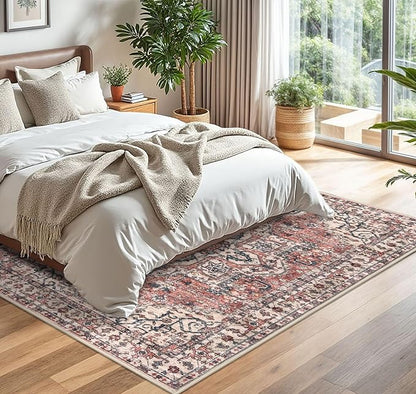 KOZYFLY Boho Area Rug 5x7 Ft Thin Washable Rugs for Living Room Faux Wool Throw Carpet Printed Non Slip Rug for Entryway Bedroom Dining Room Living Space, Red Salmon/Pink/Navy