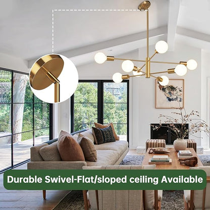 RUIYEY Modern Sputnik Chandeliers Light, 8-Light Gold Dining Room Chandelier Over Table, E26 Mid Century Ceiling Light Fixtures Height Adjustable Hanging Pendant Lighting for Entryway Foyer
