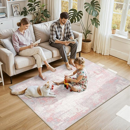 RELEANY Washable Area Rugs 4'x6' Non-Slip Modern Abstract Soft for Living Room Entryway Bedroom Nursery, Print Pattern, Grey Pink