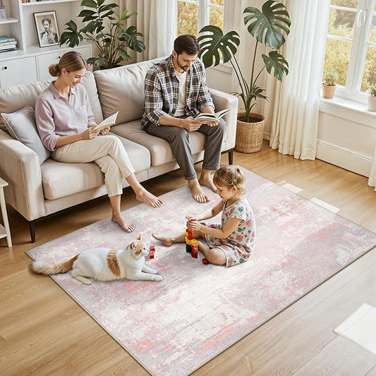 RELEANY Washable Area Rugs 4'x6' Non-Slip Modern Abstract Soft for Living Room Entryway Bedroom Nursery, Print Pattern, Grey Pink