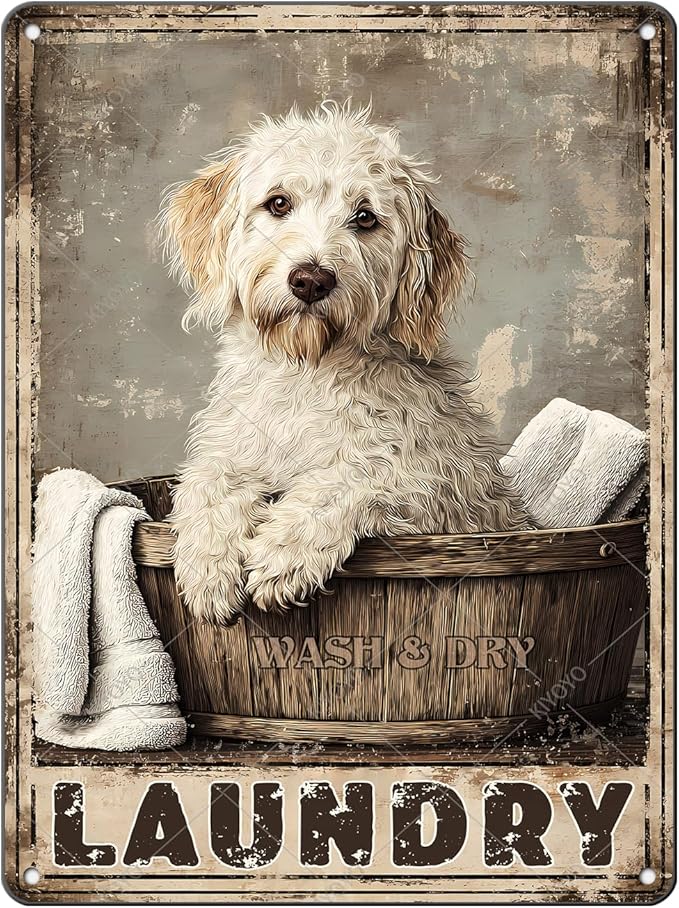 Labradoodle Dog Laundry Vintage Tin Sign Metal Aluminum Sign Iron Painting Vintage Wall Decoration Poster for Home Hotel Bathroom 16x12 Inch
