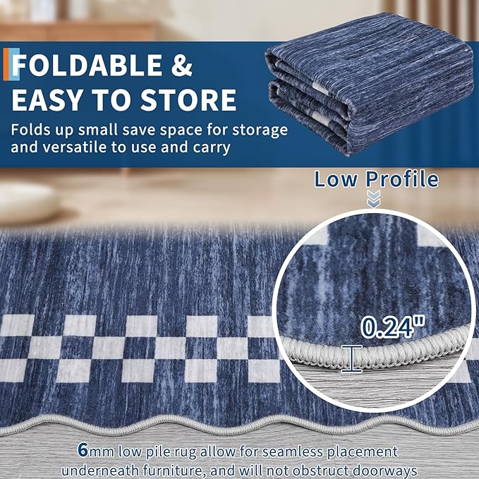 Rug Runners for Hallways 2x8 Washable Kitchen Runner Rug Non Slip Low Pile Bedside Throw Carpet Modern Bordered Bathroom Runners Checkered Area Rug for Living Room Bedroom Entryway Nursery, Blue