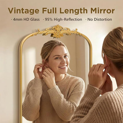 Besdomus Antique Full Length Mirror: 21"x56" French Gleaming Gold Arched Full Body Mirror - Floor Vintage Baroque Traditional Ornate for Entryway/Cloakroom/Bedroom - Home Decor for Interior Designers