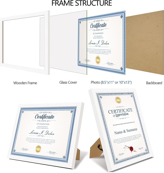 Hongkee 8.5x11 Diploma Frame with Tempered Glass, Multi Certificate 8.5 by 11 Photo Frame Bulk for Wall or Tabletop Display(White, 3 Pack)