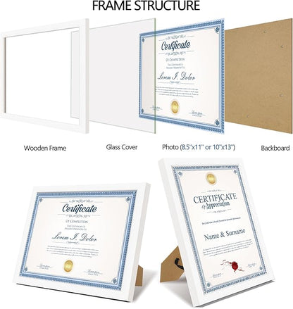 Hongkee 8.5x11 Diploma Frame with Tempered Glass, Multi Certificate 8.5 by 11 Photo Frame Bulk for Wall or Tabletop Display(White, 3 Pack)