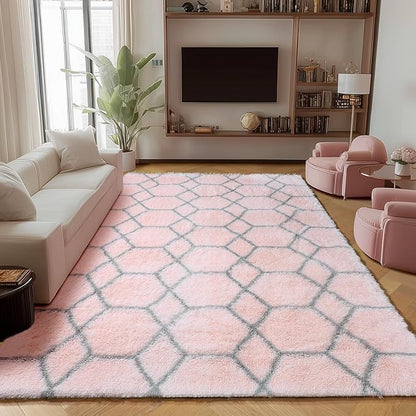 ONASAR Rugs for Living Room Bedroom, 5x8 Fluffy Pink and Grey Area Rug, Geometric Boho Soft Plush Shaggy Fuzzy Floor Carpet for Nursery Kids Girls Boys Teen Dorm Home Decor Aesthetic