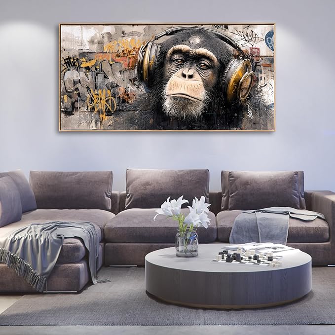 Sorbrozo DJ Gorilla Canvas Wall Art - Vibrant Street Graffiti Painting with Headphones Modern Animal Artwork for Music Lovers Boys Bedroom & Man Cave Decor 20x40in