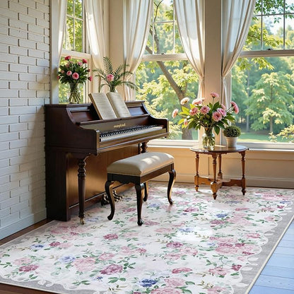 Lahome Purple Floral 5x7 Area Rugs, Boho Rugs for Bedroom Girls,Vintage Living Room Rug Non Slip Low Pile Ultra-Thin Large Carpet for Farmhouse,Dining Room,Kids,Nursery Nina(5'X7',Purple/Grey)
