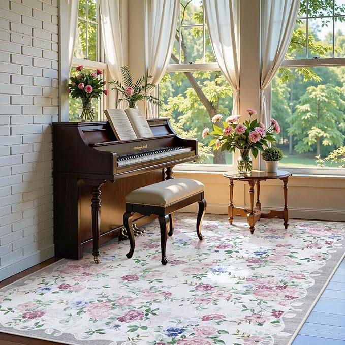 Lahome Vintage Floral 8x10 Rugs for Living Room,Large Boho Washable Rugs,Low Pile Bedroom Rug 8x10 Under Bed Carpet for Nursery Playroom Dining Room Nina (Purple/Grey)
