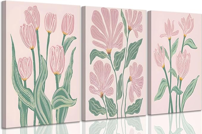 3 Pcs Pink Tulips Flowers Canvas Wall Art Boho Pink and Green Abstract Floral Botanical Paintings Pictures Wall Decor Poster Print Artwork for Living Room Bedroom Home Decoration