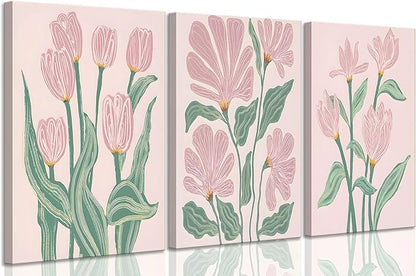 3 Pcs Pink Tulips Flowers Canvas Wall Art Boho Pink and Green Abstract Floral Botanical Paintings Pictures Wall Decor Poster Print Artwork for Living Room Bedroom Home Decoration