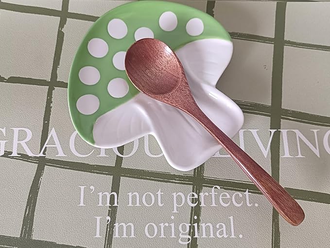 Ceramic Spoon Rest for Stove Top & Kitchen Counter Spoon Holder for Stove & Cooking Spoon Holder for Ladle Cute Spoon & Utensil Rest Tong Spatula Rest, Mushroom Kitchen Decor & Accessories (Green)
