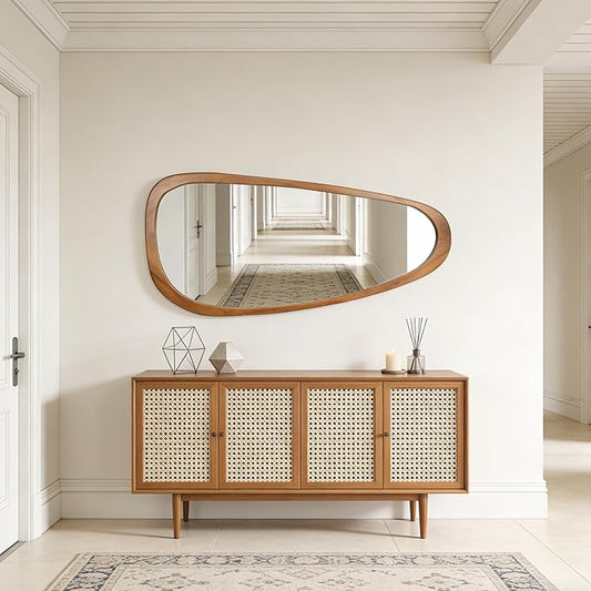 Ruomeng Full Length Irregular Wall Mirror, 48 x 22 Inch Wooden Mirror, Boho Large Decorative Asymmetrical Mirror for Bathroom, Living Room, Bedroom, Entryway, Farmhouse, Tempered Glass, Shatterproof