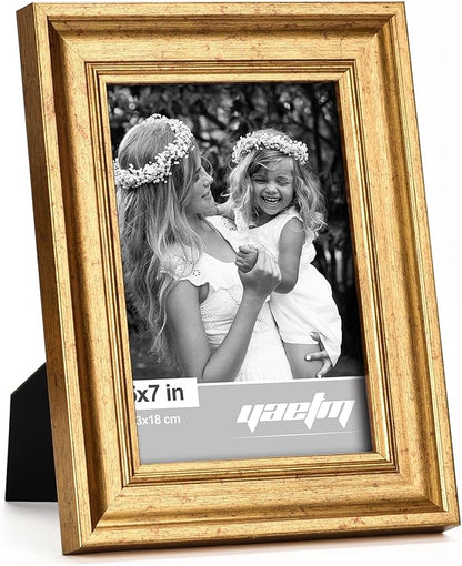 Yaetm 5x7 Gold Picture Frame Set of 4, 1.4” Wide Molding & Rustic Gold Photo Frames 5 x 7 with HD Tempered Glass, Display on Tabletop & Wall Mounting, 4 Pack