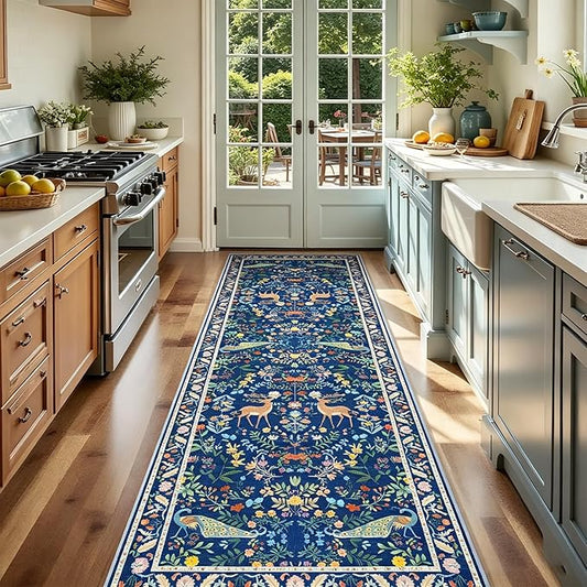 2x6 Blue Entryway Runner Rugs Washable Non Slip Runners for Hallway, Kitchen, Mudroom, Laundry Room, Stain Resistant Ultra Soft Non Skid, Nature Floral Design Indoor Decor