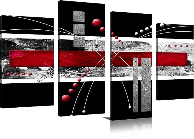 YPY Large Black Red Canvas Wall Art - 4 Panels Modern Abstract Picutre Set for Home Decoration - Contemporary Painting Artwork Ready to Hang Living Room Bedroom W48 x H36