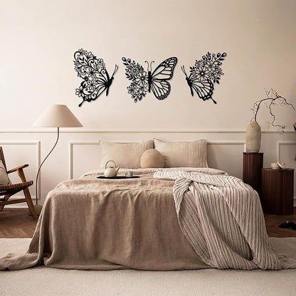 Sanwarm 3 Pieces Metal Wall Decor, Butterfly Floral Boho Metal Wall Art Flower Black Hanging Decoration for Home Bathroom Living Room Bedroom Garden Office Housewarming Gifts