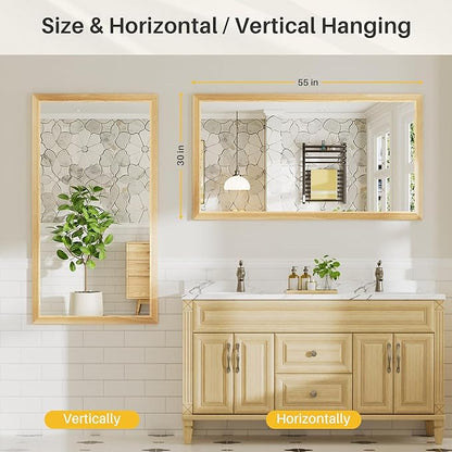 55x30 Inch Bathroom Mirror for Wall, Anti-Rust Oak Wood Grain Metal Framed Bathroom Mirrors for Over Sink,Rectangler Mirrors for Bathroom Vanity, Farmhouse, Bedroom, Living Room, Entryway Decor