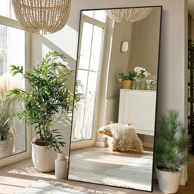 Beauty4U 79" x 39" Full Length Mirror with Stand, Large HD Tempered Glass Floor Mirror, Wall Mounted/Leaning/Standing, Black Metal Frame Full Body Mirror for Bedroom, Living Room, Dressing Room