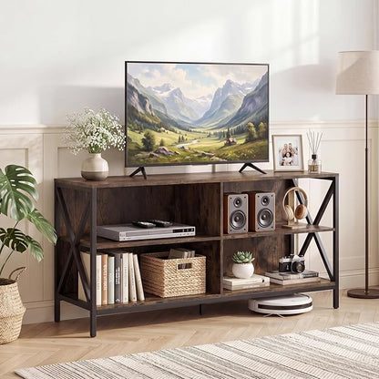 Tangkula TV Stand for TVs up to 55 Inches, 47" Farmhouse Entertainment Center with 4 Open Shelves & Built-in Cable Holes, TV Console Table with X-Shaped Frame for Living Room (Rustic Brown)