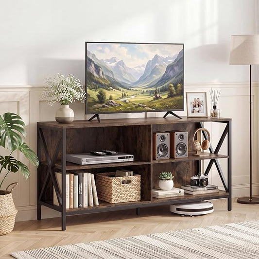 Tangkula TV Stand for TVs up to 55 Inches, 47" Farmhouse Entertainment Center with 4 Open Shelves & Built-in Cable Holes, TV Console Table with X-Shaped Frame for Living Room (Rustic Brown)