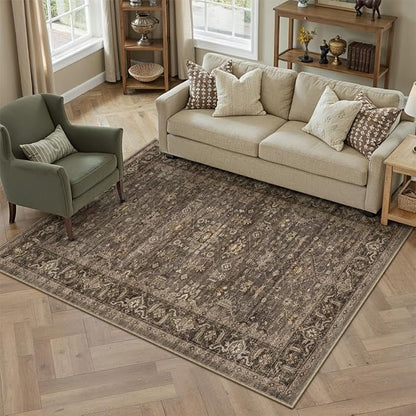 4x6 Washable Area Rug for Living Room Bedroom Vintage Brown Soft Low Pile Carpet Traditional Retro Non Slip Throw Rug for Dining Room Entryway Indoor Dorm Kitchen