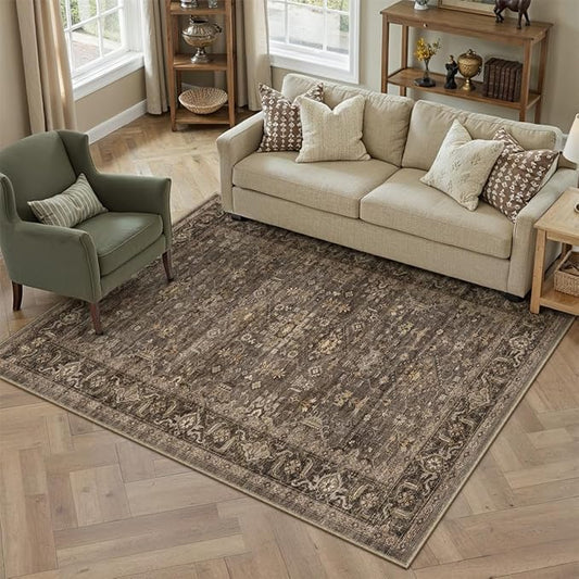4x6 Washable Area Rug for Living Room Bedroom Vintage Brown Soft Low Pile Carpet Traditional Retro Non Slip Throw Rug for Dining Room Entryway Indoor Dorm Kitchen