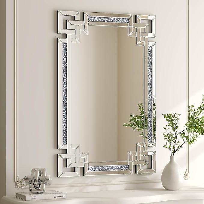 Crystal Crush Diamond Mirror-24 x36 Silver Mirror, Gorgeous Wall Mirror, Rectangle Mirrors for Wall Bathroom, Bedroom, Dining Room and Living Room