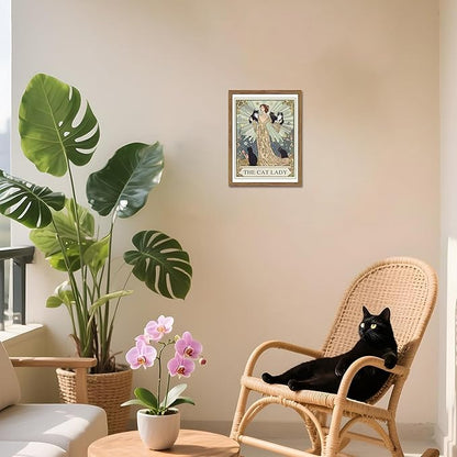 Framed Black Cat Wall Art, Vintage The Cat Lady Tarot Canvas Wall Decor Paintings, Funny Cute Woman Animal Poster Prints Picture Artwork for Bedroom Living Room 16x24 Inch