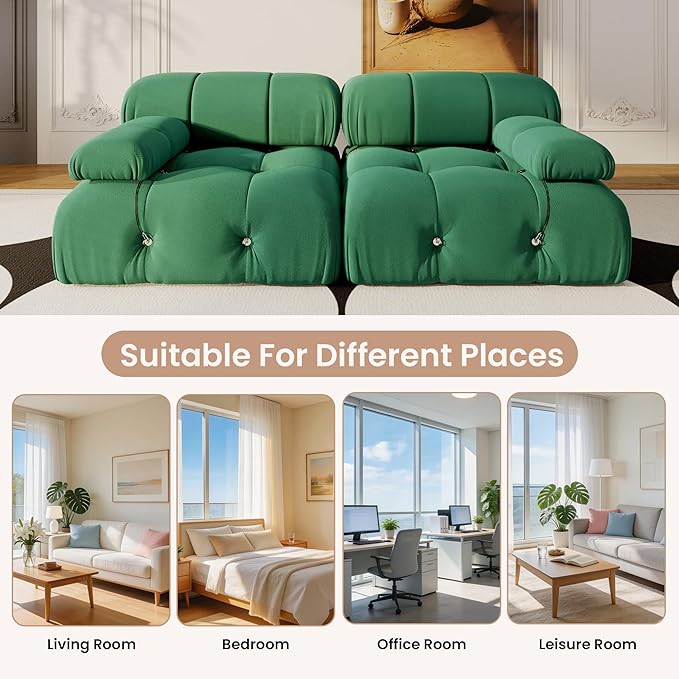69'' Modular Green Sectional Sofa, Modern Luxury Velvet Loveseat Sofa, Minimalist Bubble Couch, Deep Seat Cloud Sectional Couches for Living Room, Apartment (2 Seats, Green)