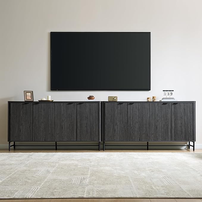 Fatmok 65" Large Sideboard Buffet Cabinet with Storage, Set of 2 Modern Fluted Credenza Accent Coffee Bar Console Tables with Doors & Adjustable Shelves for Living Room or Hallway, Black & Grey