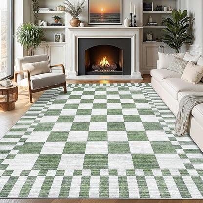 GarveeHome Sage Green Checkered Rug 4×6 Area Rugs for Living Room，Non-Slip Washable Rug Soft Low-Pile, Neutral Modern Farmhouse Geometric Rugs for Bedroom Dining Room Office