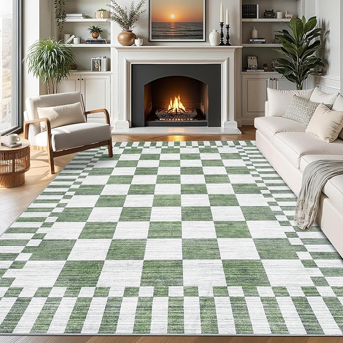 GarveeHome Sage Green Checkered Rug 6×9 Area Rugs for Living Room，Non-Slip Washable Rug Soft Low-Pile, Modern Farmhouse Geometric Rugs for Bedroom Dining Room