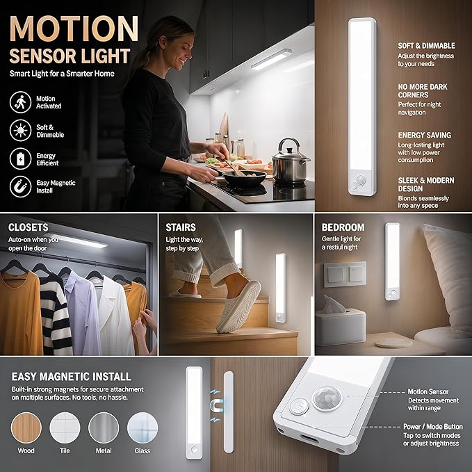 Under Cabinet Lighting: 12 Inch 3-Color Dimmable Rechargeable Motion Sensor Lights Indoor - Battery Operated Lights - Closet Light Magnetic Led Light for Kitchen Home Bathroom Counter 5 Pack