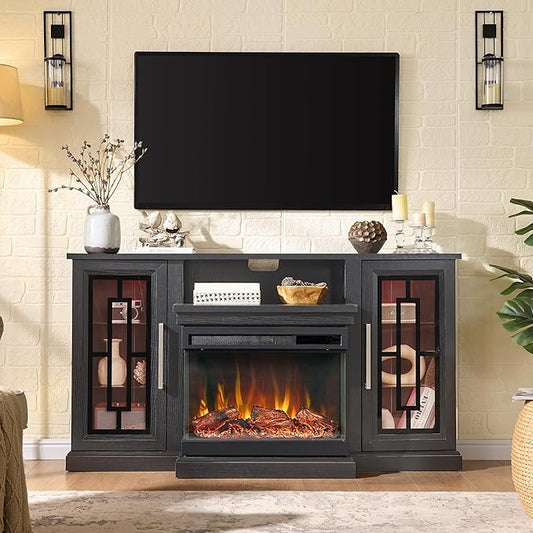 59 Inch LED TV Stand with 3-Side Glass Fireplace, Modern Media Entertainment Center Console Table for TVs up to 65 Inch with Adjustable Flame & LED Color, 24’’ Fireplace, Highboy, Black