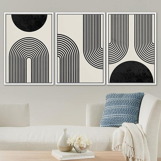 SIGNLEADER Framed Canvas Print Wall Art Spiral Parabolas & Solid Semi Circle Geometric Shapes Drawings Modern Art Contemporary Edgy Black and White for Living Room, Bedroom, Office - 16"x24"x3 WHITE
