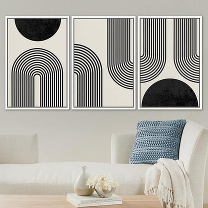 SIGNLEADER Framed Canvas Print Wall Art Spiral Parabolas & Solid Semi Circle Geometric Shapes Drawings Modern Art Contemporary Edgy Black and White for Living Room, Bedroom, Office - 24"x36"x3 WHITE
