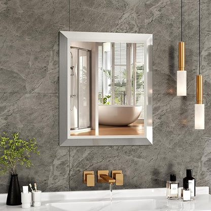 SMIROR Brushed Silver Bathroom Mirror for Over Sink, 20”x 24” Metal Thick Framed Rectangle Vanity Mirror for Wall, Right Angle Corner, Anti-Rust, Horizontally or Vertically Mounted