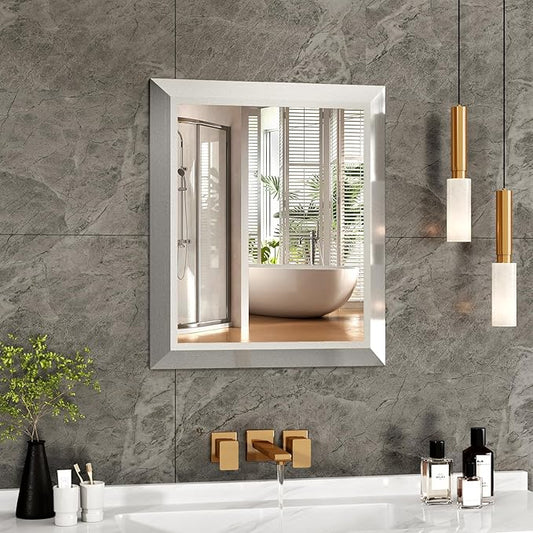 SMIROR Brushed Silver Bathroom Mirror for Over Sink, 20”x 24” Metal Thick Framed Rectangle Vanity Mirror for Wall, Right Angle Corner, Anti-Rust, Horizontally or Vertically Mounted