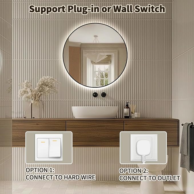Niccy 24" LED Backlit Round Mirror for Bathroom, Black Framed Vanity Light Wall Mirror, LED Smart Circle Mirrors with 3 Lighting Colors, Round Lighted Mirror with Anti-Fog, IP65 Waterproof