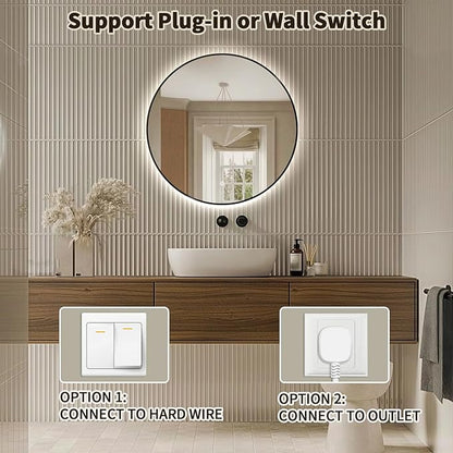 Niccy 24" LED Backlit Round Mirror for Bathroom, Black Framed Vanity Light Wall Mirror, LED Smart Circle Mirrors with 3 Lighting Colors, Round Lighted Mirror with Anti-Fog, IP65 Waterproof