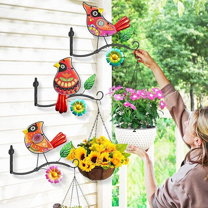 Metal Birds Wall Art Decor with Hanging Hooks, 3D Colorful Bird Outdoor Hanging Wall Art Patio Fence Decorations, Plant Bracket for Planters Wind Chimes Lanterns Garden Patio Decor (Cardinal)