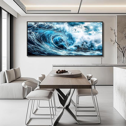 ERQINHUA Wall Art For Living Room Wall Decor For Bedroom Ocean Inspiration Pictures Blue Wave Canvas Printing Wall Paintings Office Mural Posters Modern Home Decor Aesthetics 32x72 In Black Framed