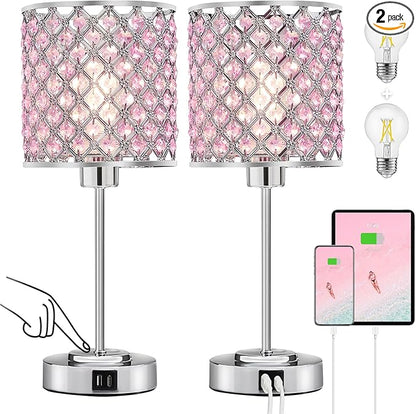 GyroVu Crystal Table Lamp, Bedside Crystal Lamp, Dimmable Touch Nightstand Lamp with USB-C+A Charging Ports Pink Night Lights Decorative Accent Lamp for Bedroom, Living Room, Office, Girls Room