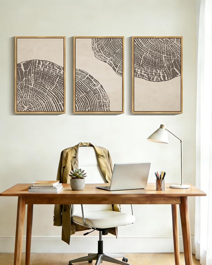 PHOPAGO Farmhouse Vintage Framed Wall Art Large 16x24in Set Gray Wood Tree Ring Spirals Nature Abstract Drawings Rustic Modern Art Decor for Living Room Bedroom - Natural Framed