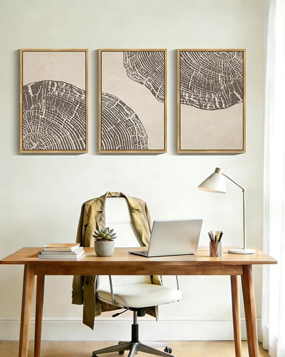 PHOPAGO Farmhouse Vintage Framed Wall Art Large 16x24in Set Gray Wood Tree Ring Spirals Nature Abstract Drawings Rustic Modern Art Decor for Living Room Bedroom - Natural Framed