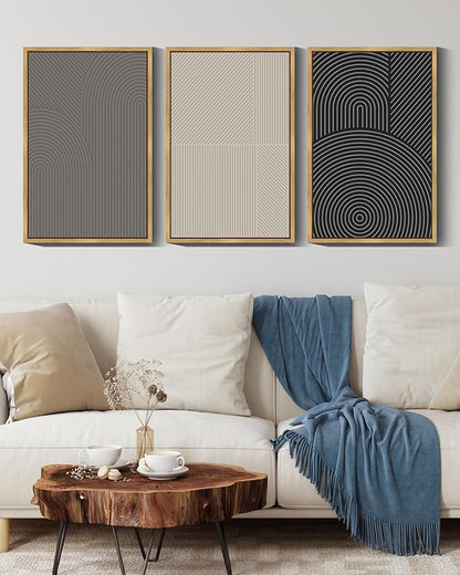 Drsoum Mid-Century Modern Framed Wall Art Large 16x24in Minimalist Abstract Boho Neutral Line Wall Decor Geometric Artwork Kitchen Dining Room Natural Framed