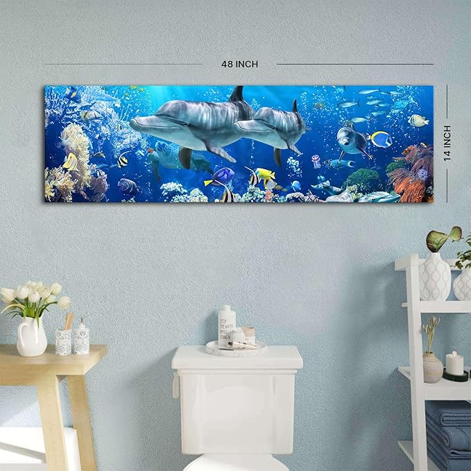Ocean Dolphin Wall Art for Bathroom Nautical Theme Picture Photo Coastal Room Decor Nature Blue Seascape Painting Prints Under The Sea World Landscape Poster Artwork Living Room Home Decoration 14x48"