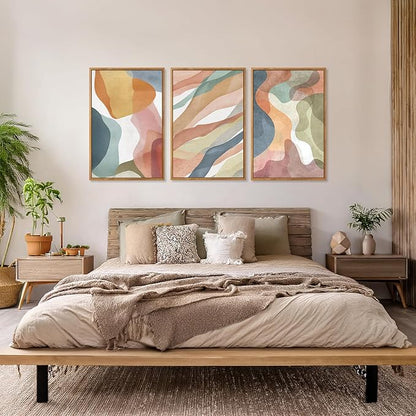 CHDITB Colorful Abstract Vibrant Pastel Framed Canvas Wall Art (24"x36"), 3 Panels Muticolor Modern Shape Block Groovy Artwork, Large Watercolor Minimalist Green Blue Yellow Aesthetic Art Decor Paintings for Bedroom Living Room Office